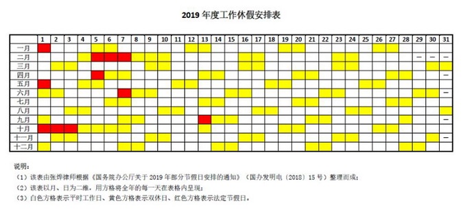 新!2019年度工作休假安排表